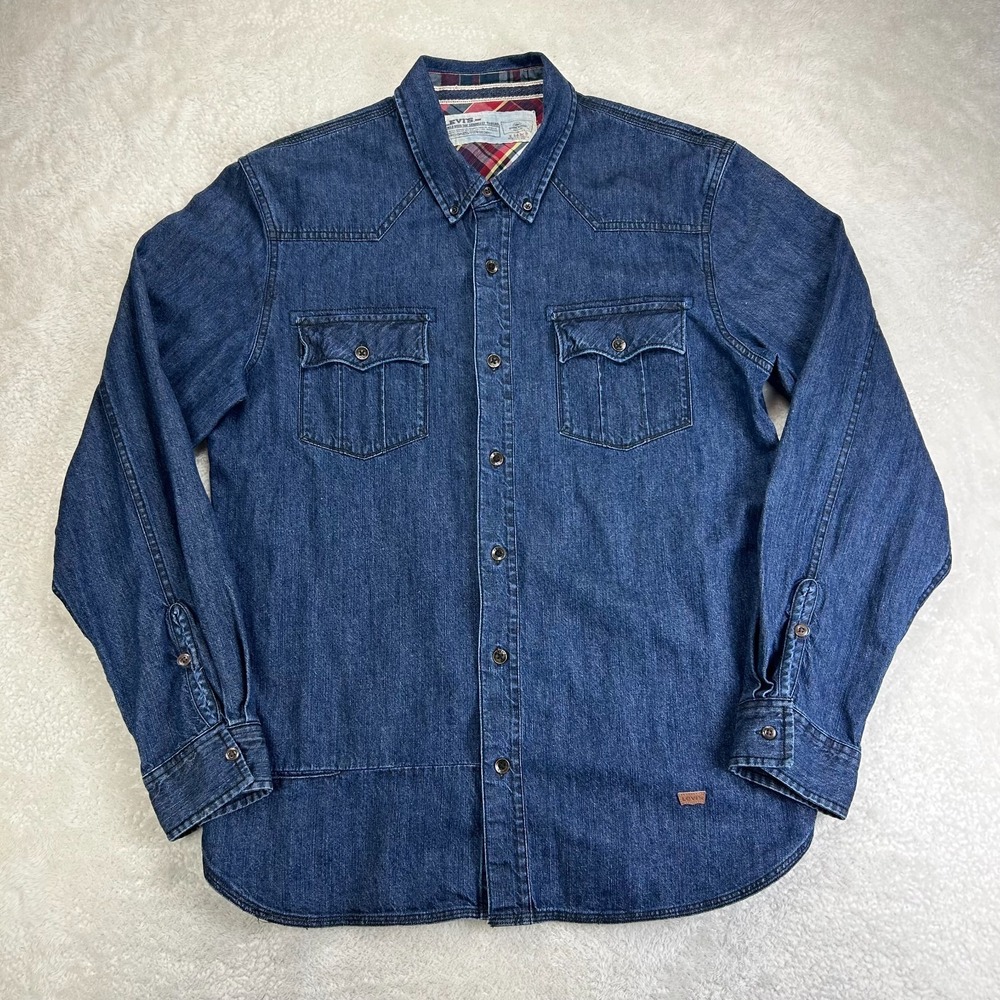 Levi's Denim Shirt Mens XL Blue Long Sleeve Plaid Denim Pocket Western Cowboy